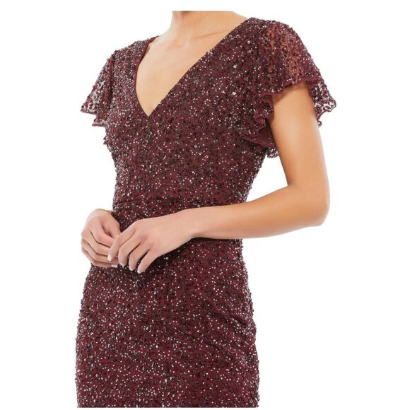Mac Duggal NWT 10801 Sequined Deep V-Neck Sheath Dress Garnet Color Size 6 - Picture 2 of 2